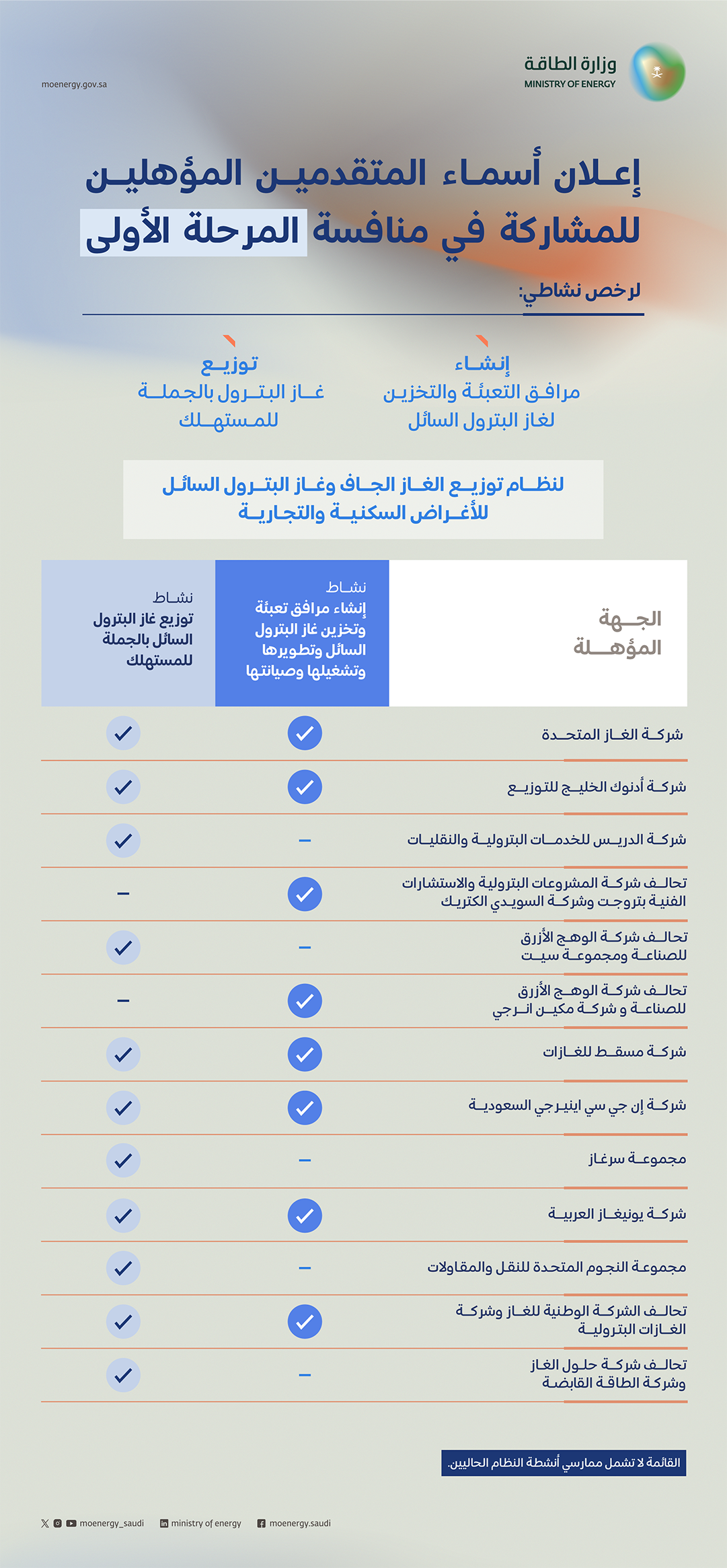 وزارة الطاقة تعلن عن أسماء الشركات المؤهلة للمنافسة على المرحلة الأولى من أنشطة نظام توزيع الغاز الجاف وغاز البترول السائل للأغراض السكنية والتجارية